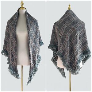 Vintage Midori Ultra Cashmere Gray Plaid Cape Wrap Sweater Fringe Hem
